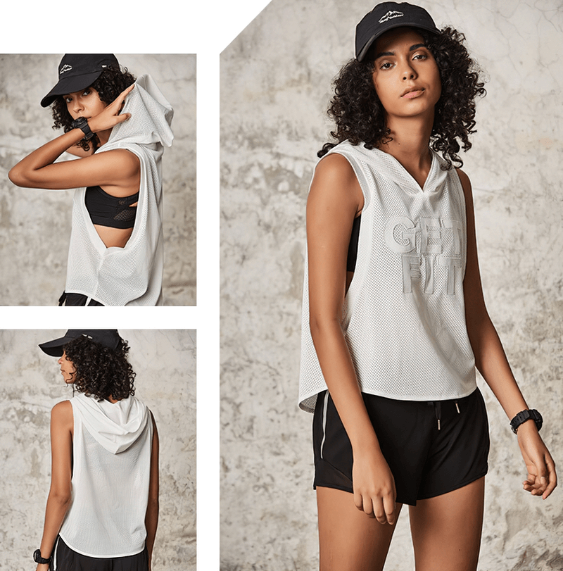 Woman in white mesh breathable hooded tank top for sports, featuring a loose fit. Ideal for yoga, running, and training. SF1231.